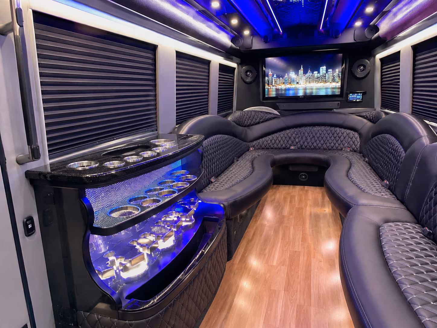 Wedding guests seated inside a party bus serving Pasadena