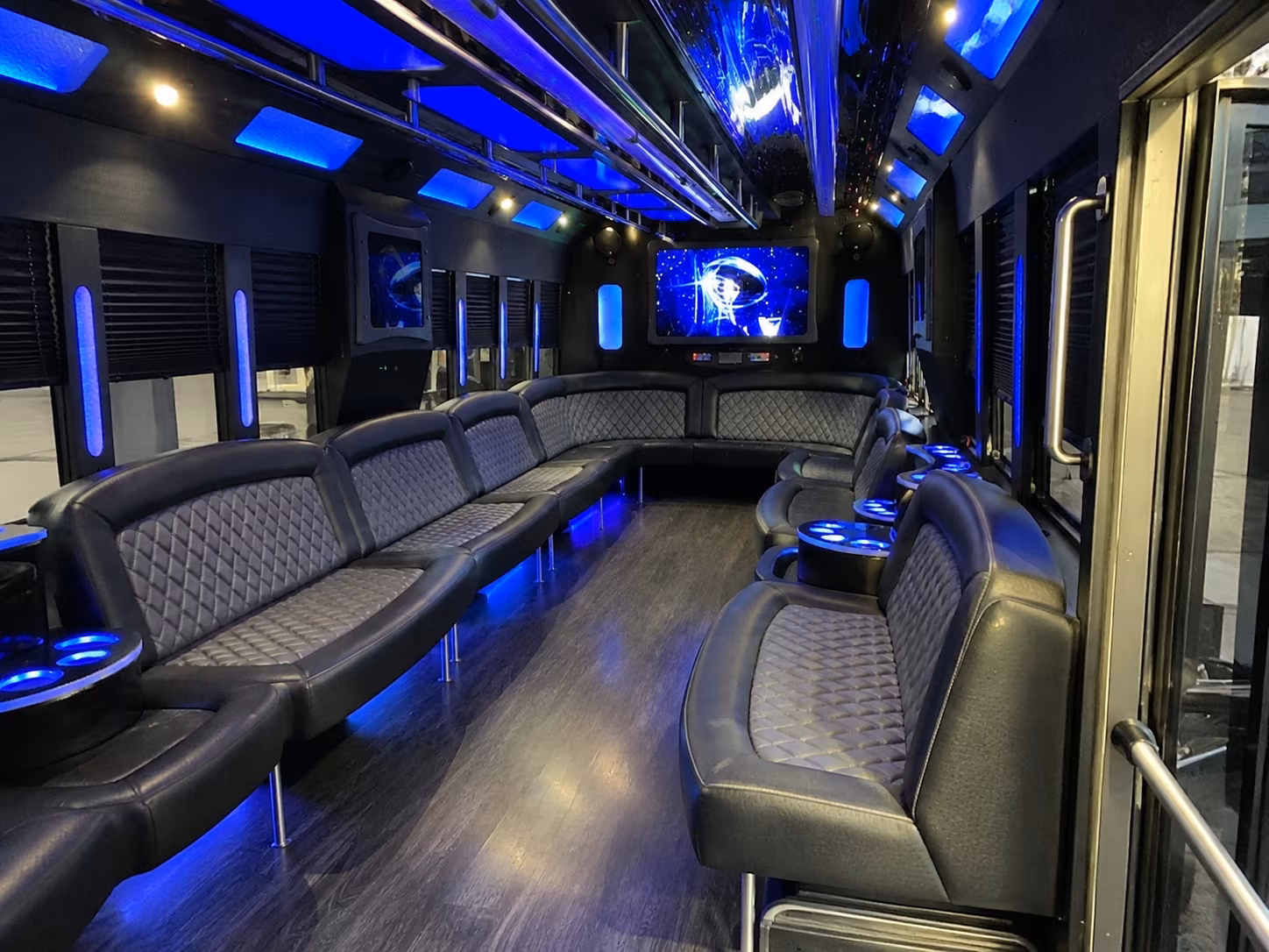 Passenger seating aboard a party bus rental serving Pasadena
