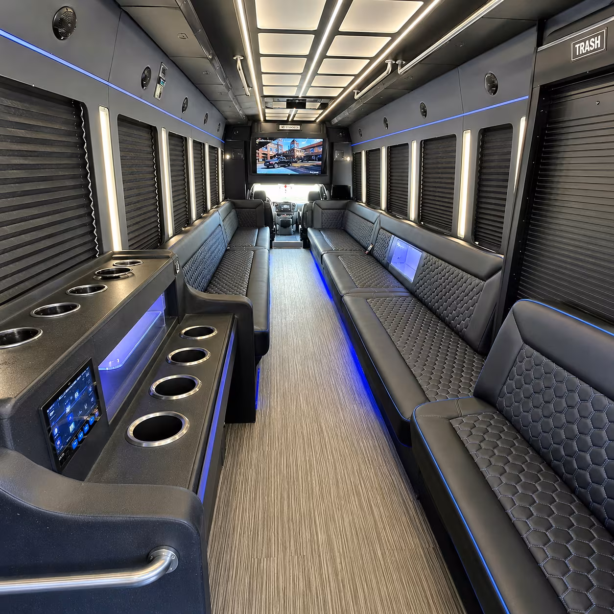 Interior of a party bus rental serving Pasadena